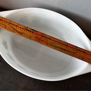 Pyrex Vintage 1950 White turquoise snowflake print Oval Baking Dish